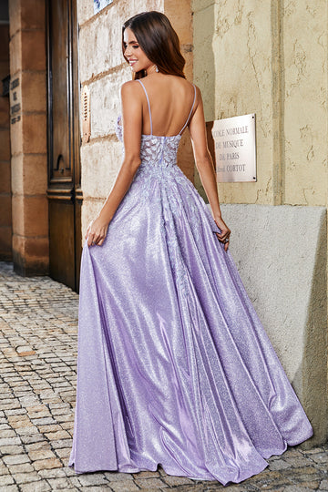 Lilac A-Line Spaghetti Straps Long Glitter Formal Dress With Beading